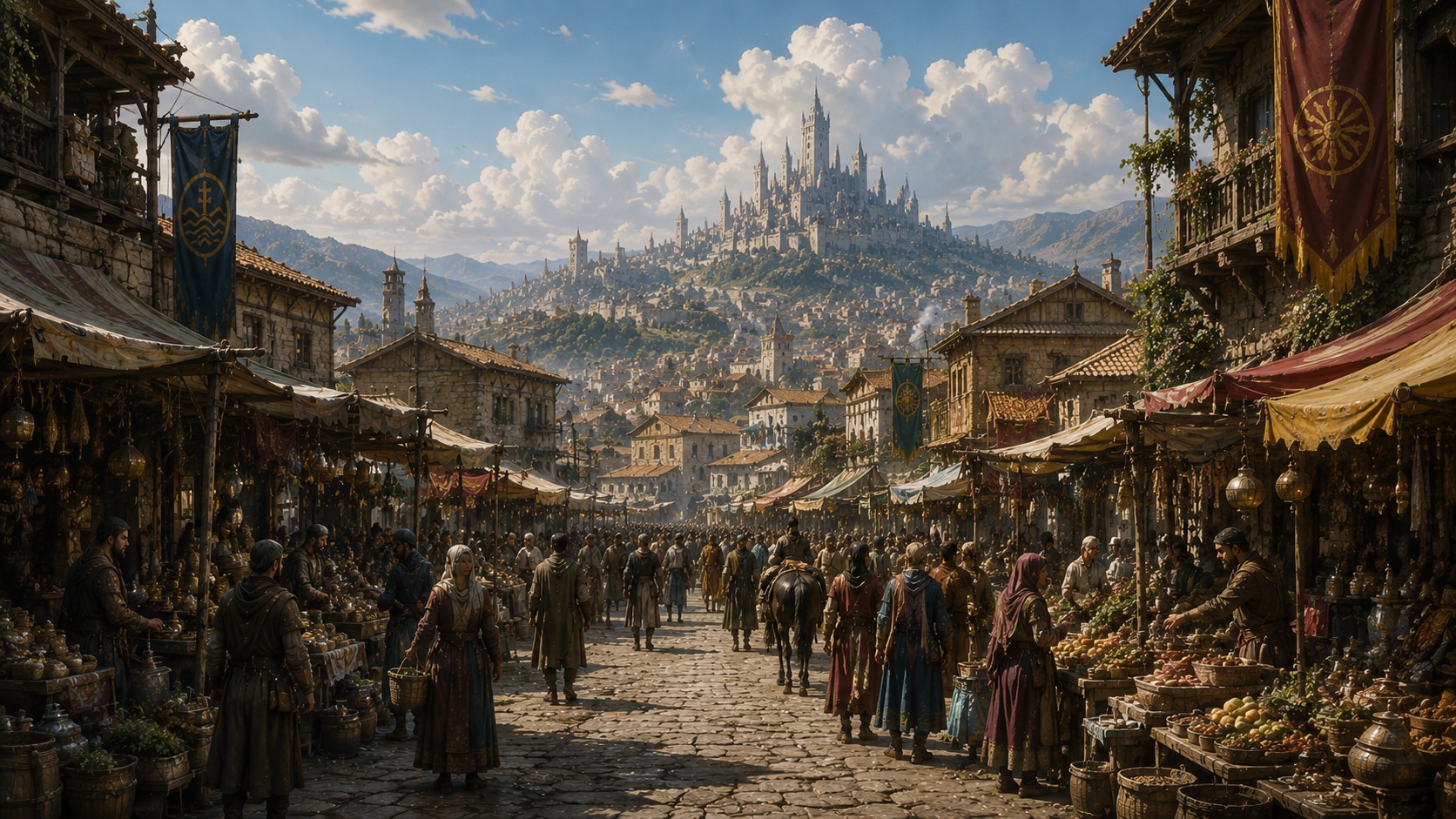 A market in modern Ankhara with a distant citadel