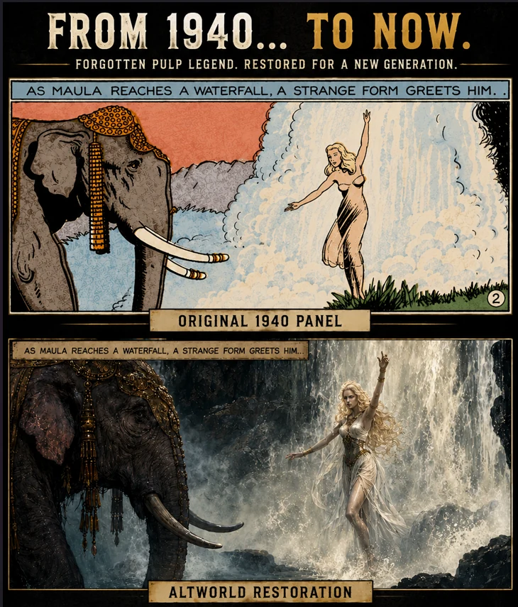 Original 1940 Fantomah panel compared with the AltWorld Comics restoration